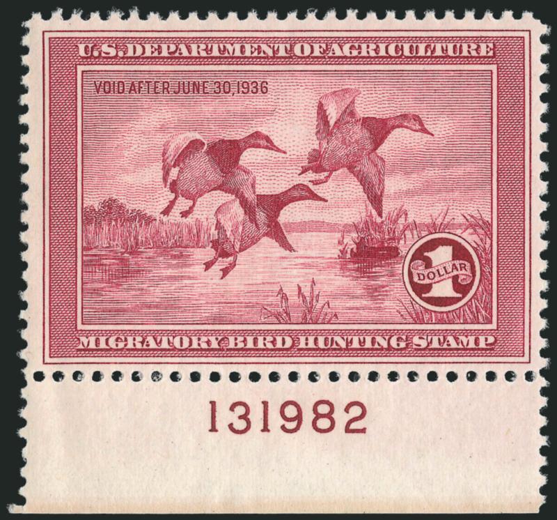 $1.00 1935 Hunting Permit (RW2).> Mint N.H. with bottom <plate no. 131982> selvage, Very Fine and choice, with 2010 PSE Certificate