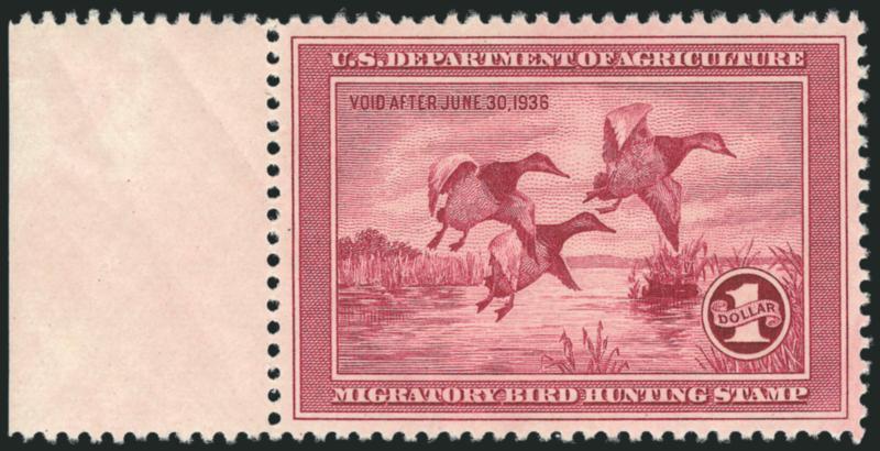 $1.00 1935 Hunting Permit (RW2).> Mint N.H. with left selvage, brilliant color and perfectly centered, immaculate gum free of the usual bends and skips which are seen so often on this stamp, Extremely Fine Gem,
with 2006 P.F. certificate (XF-Superb 9