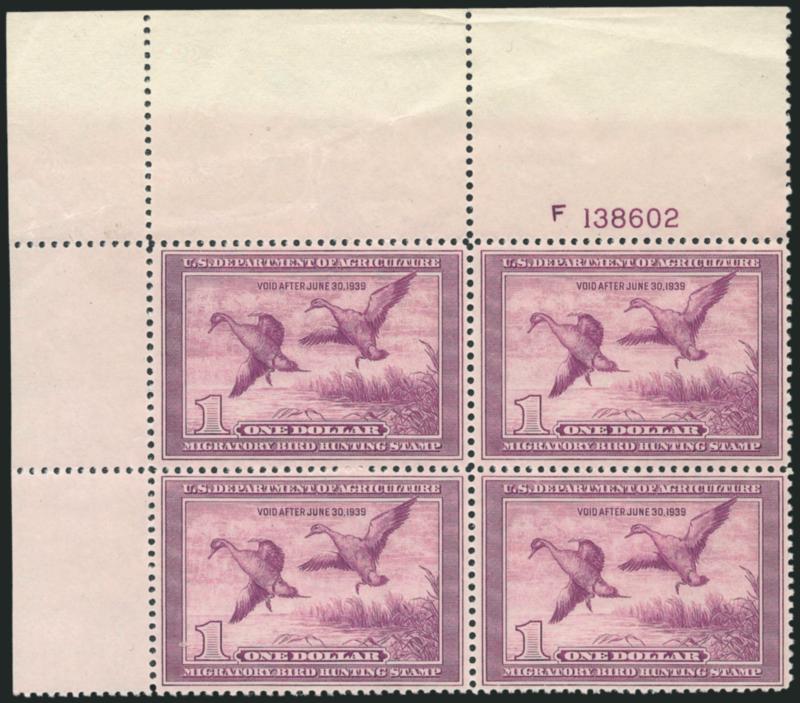 $1.00 1938 Hunting Permit (RW5).> Block of four with top left corner selvage and plate no. F138602, lightly hinged in selvage, stamps Mint N.H., pos. 3 gum bend, otherwise Very Fine