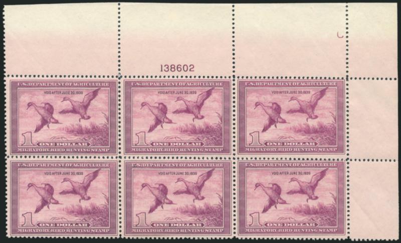 $1.00 1938 Hunting Permit (RW5).> Mint N.H. top right plate no. 138602 block of six, fresh, rich color, few minor natural gum skips, mixed centering, Fine plate block