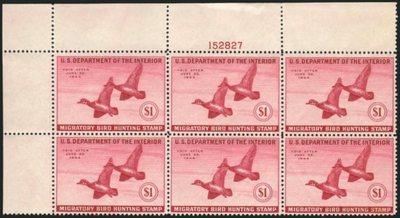 $1.00 1943 Hunting Permit (RW10).> Mint N.H. top left plate no. 152827 block of six, minor natural gum skips, trivial selvage crease, otherwise Very Fine-Extremely Fine