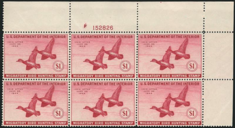 $1.00 1943 Hunting Permit (RW10).> Mint N.H. top right plate no. F152826 block of six, fresh and Very Fine