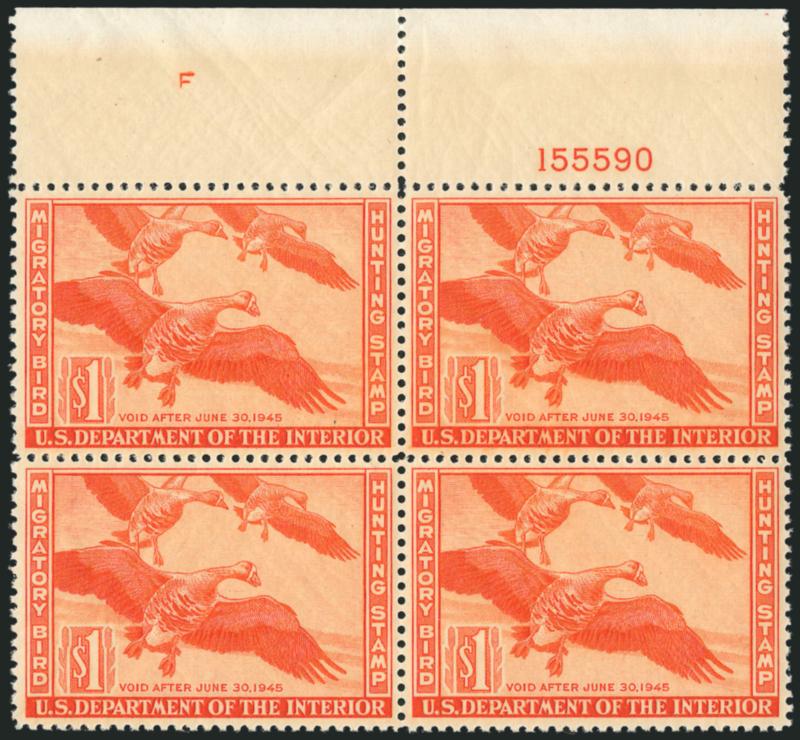 $1.00 1944 Hunting Permit (RW11).> Mint N.H. block of four with top plate no. 155590, Extremely Fine block, with 2007 P.S.E. certificate