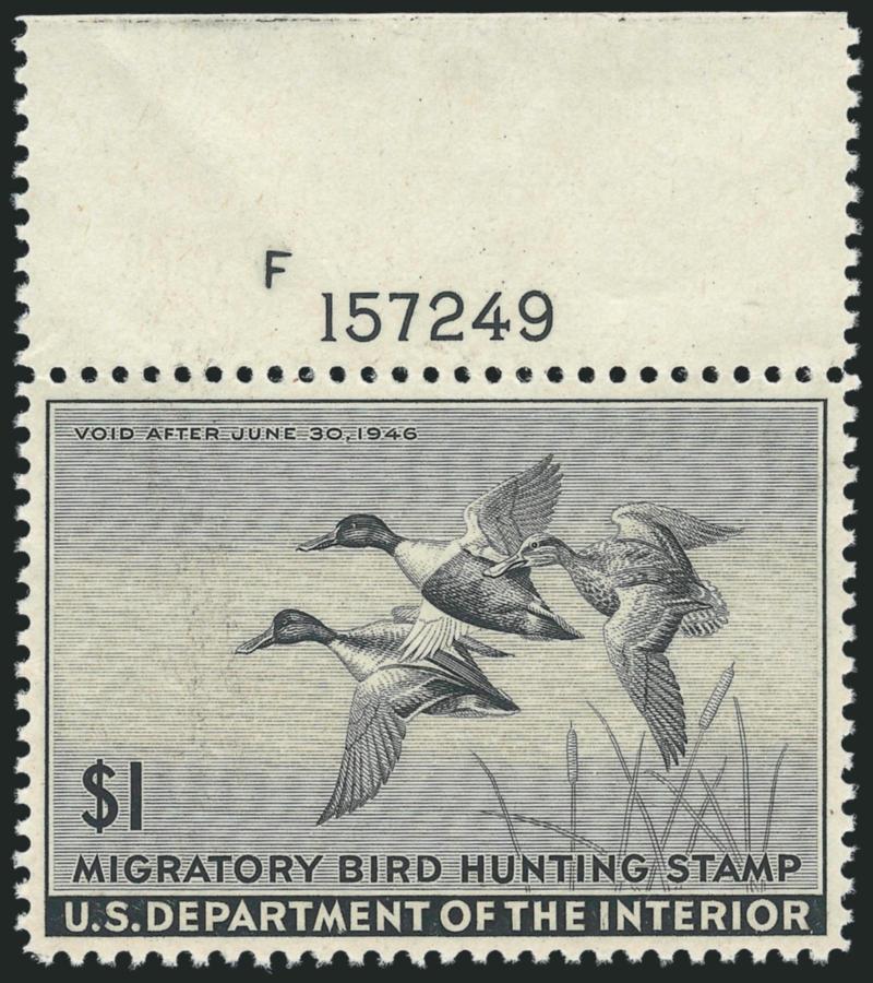 $1.00 1945 Hunting Permit (RW12).> Mint N.H. with top plate no. F157249 selvage, Extremely Fine Gem, a notoriously difficult stamp, with 2010 P.S.E. certificate (XF-Superb 95 SMQ $525.00)