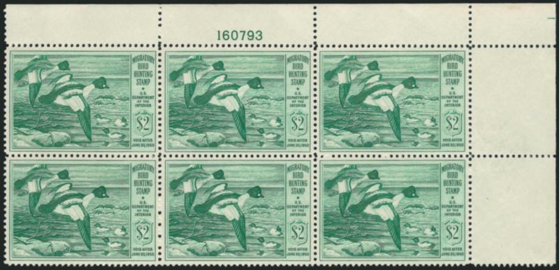 $1.00, $2.00 1948-49 Hunting Permits (RW15-RW16).> Mint N.H. top right plate no. blocks of six, one $1.00 gum wrinkle and few trivial natural gum skips, otherwise Extremely Fine