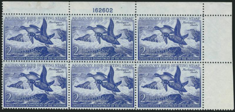 $2.00 1952 Hunting Permit (RW19).> Mint N.H. top right and bottom right plate no. 162602 blocks of six, some natural gum skips, one stamp natural pre-print paper fold, otherwise Fine-Very Fine, pos. 3 of the
top plate block is outstanding