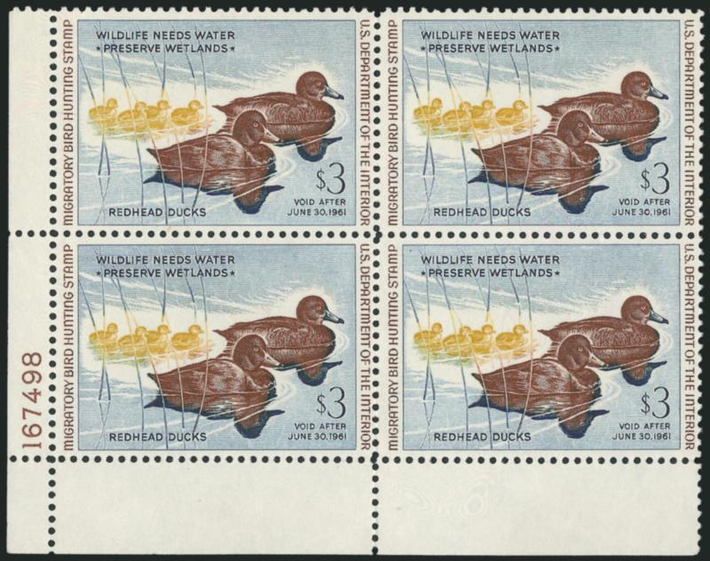 $3.00 1960 Hunting Permit (RW27).> Mint N.H. bottom left plate no. 167498 block of four, bright colors, Very Fine