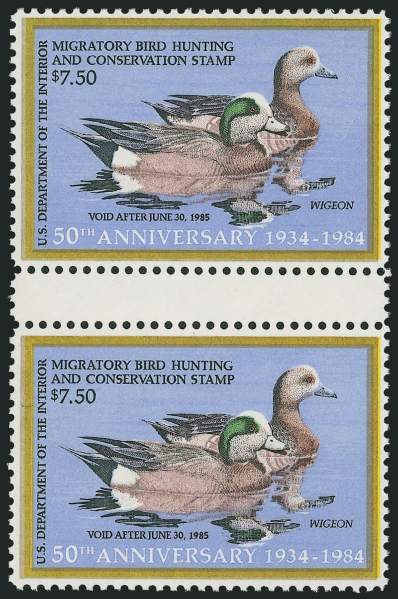 $7.50 1984 Hunting Permit, Special Printing (RW51x).> Mint N.H. vertical pair <with gutter,> bright colors, Very Fine and choice, scarce, from the 10th of only fourteen sheets that were sold, resulting in a
maximum of 112 vertical pairs with gutter a