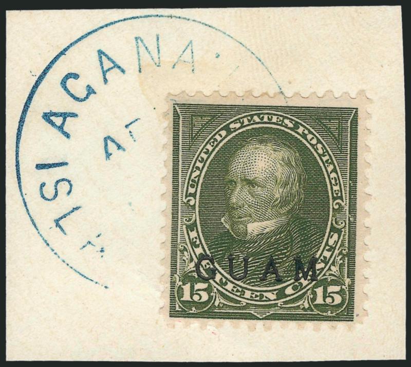 GUAM, 1899, 8c Violet Brown, 15c Olive Green (7, 10).> On separate pieces tied by blue Agana Island Of Guam. circular datestamps, also incl. used Cuba No. E1, Fine-Very Fine