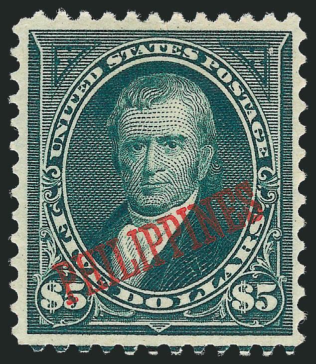 PHILIPPINES, 1901, $2.00 Dark Blue, $5.00 Dark Green (224-225).> $5.00 with guide line at bottom, Very Fine, only 782 issued, with 1987 P.F. certificate $2.00 exceptional margins and centering, pencil mark on
back, few trivial perf flaws, otherwise