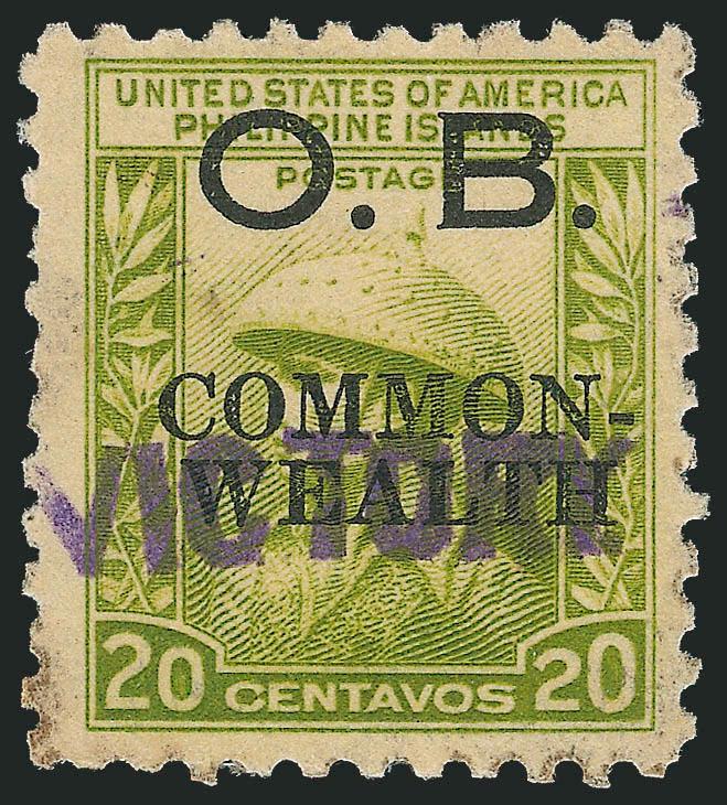 PHILIPPINES, 1944, 20c Light Olive Green, Official, Victory Ovpt. (O43).> Four singles, disturbed tropical original gum, few minor flaws as typical incl. three with short or nibbed perfs, otherwise Fine-Very
Fine appearance