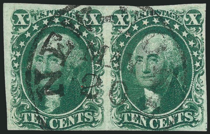 10c Green, Ty. II, III (14, 15).> Singles of each and also pair of Type III, large margins to in, appear Fine-Very Fine