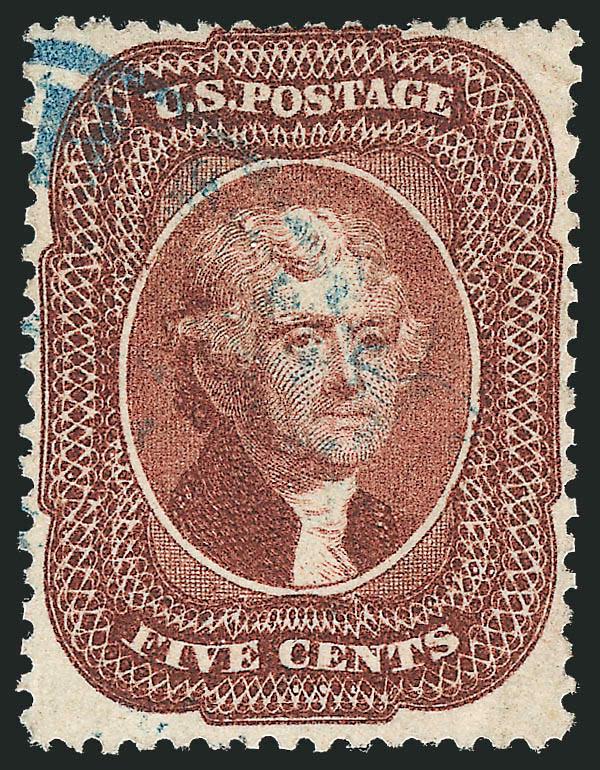 5c Red Brown, Brown, Ty. I, Brown, Ty. II (28-29, 30A).> Rich colors, blue circular datestamp, double-circle datestamp and bold red grid respectively, No. 28 skillfully reperfed at right, other two few very
trivial perf flaws, otherwise Fine-Very Fin