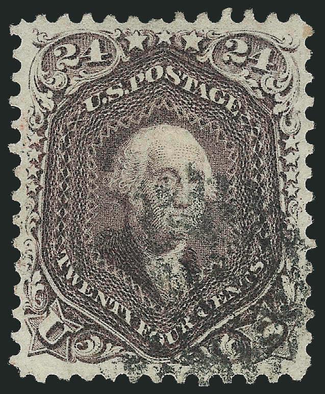 24c Red Lilac, Brown Lilac, Steel Blue (70, 70a, 70b).> Well-centered, choice colors, grid, circular datestamp and cork and target cancels respectively, No. 70b single short perf at bottom, otherwise Very
Fine-Extremely Fine, lovely trio