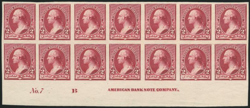 2c Lake, Imperforate (219Da).> Five multiples, incl. two bottom imprint and plate no. blocks of fourteen, one similar from top, last two are right and left sheet margin blocks of fourteen with imprint, unused
(no gum), large margins, few minor imperf