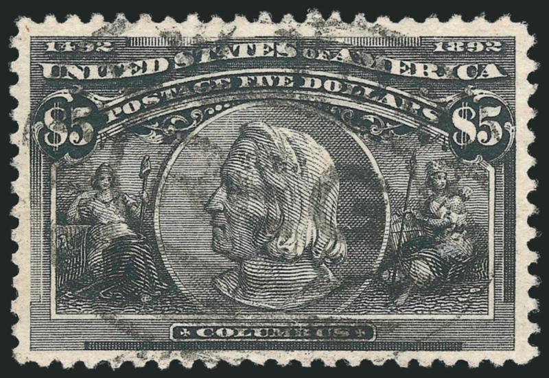 $1.00-$5.00 Columbian (241-245).> $1.00, $4.00 and $5.00 with oval registry cancels, $3.00 right edge circular datestamp and $2.00 very light grid cancel, attractive colors, first two and last two Fine-Very
Fine, the $3.00 choice margins and exceptio