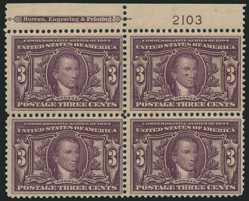 1c-3c Louisiana Purchase (323-325).> Imprint and plate no. blocks of four, 1c and 2c bottom, 3c top, the 2c and 3c Mint N.H., Fine-Very Fine
