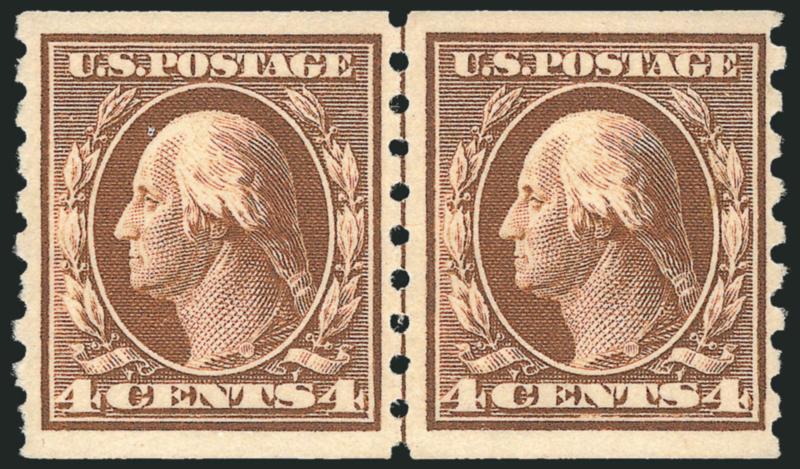 1c-5c 1910-13 Issue, Coil (392-396).> Guide line pairs, 4c and 5c Mint N.H., right 2c vertical gum bend, 5c close but clear at top, otherwise Fine-Very Fine, 3c with 1983 P.F. certificate, others either 2004 or
2005 P.S.E. certificate