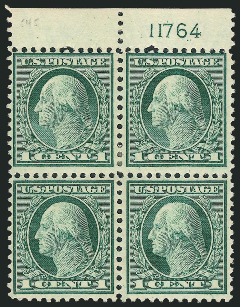 1c Green, 2c Carmine, Rotary (545-546).> Plate no. blocks of four, 2c also with S20, post office staple holes in selvage, close to perfs on 1c, overall Fine for these difficult Coil Waste plate blocks
