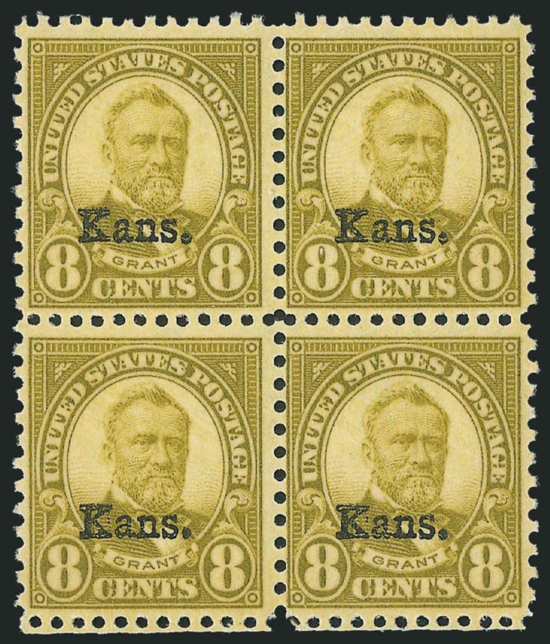 1c-10c Kans. Overprints (658-668).> Mint N.H. blocks of four (1c is plate block), bright colors, Fine-Very Fine with several in higher grades