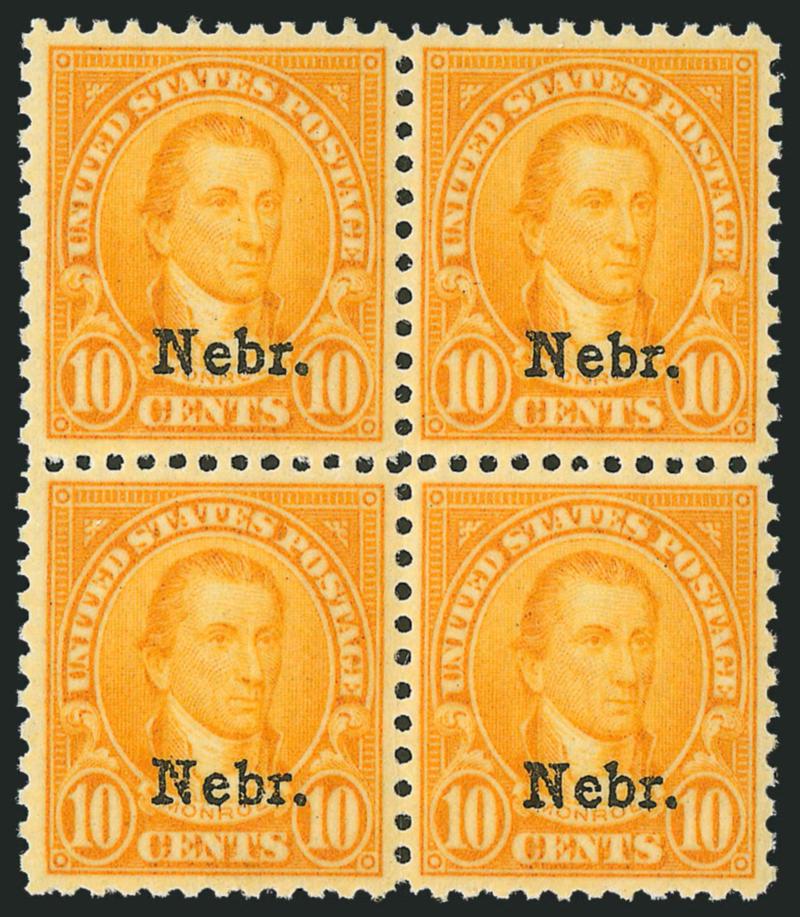 1c-10c Nebr. Overprints (669-679).> Mint N.H. blocks of four, wonderfully fresh and exceptionally well-centered for virtually all, Very Fine-Extremely Fine