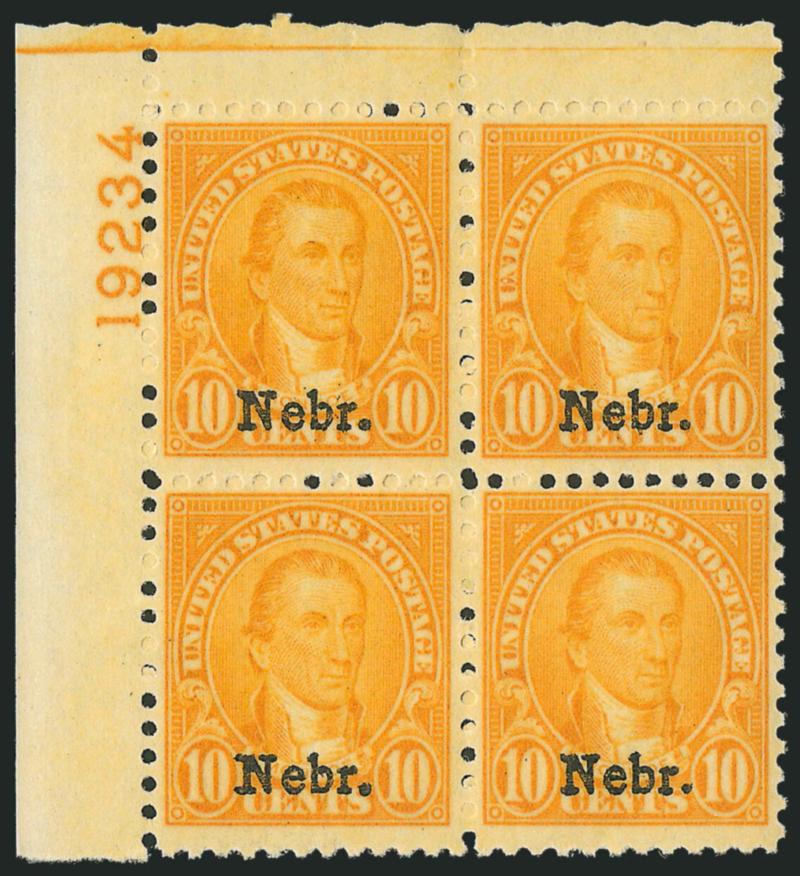 1c-10c Nebr. Overprints (669-679).> Plate no. blocks of four, most lightly hinged, 3c small piece of bottom selvage missing, 6c minor selvage corner crease, otherwise virtually all Fine-Very Fine