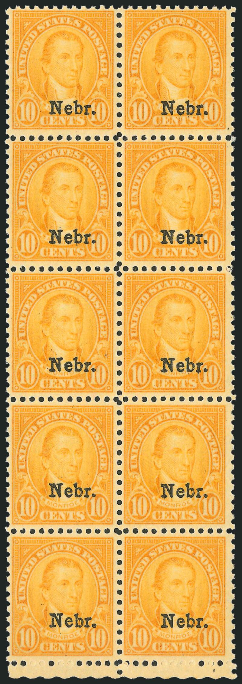 10c Nebr. Ovpt. (679).> Mint N.H. vertical block of ten with bottom selvage, rich color, fresh and Fine-Very Fine