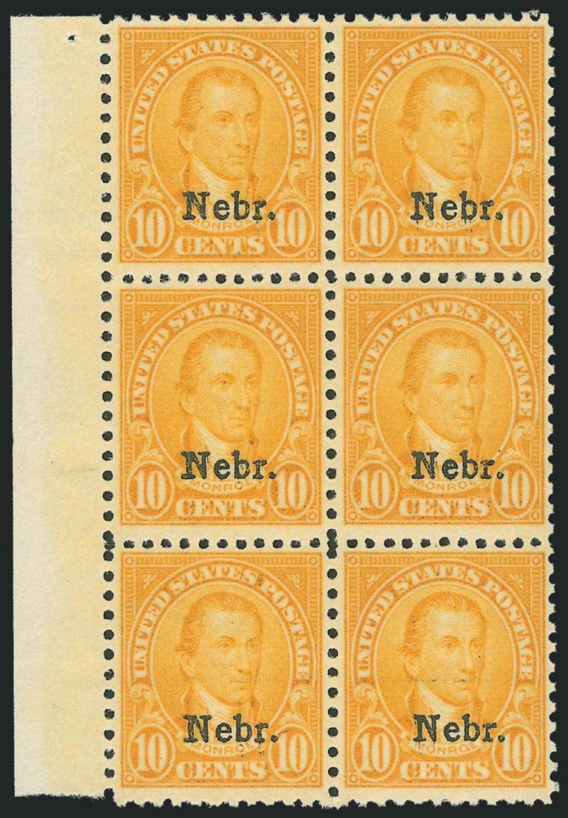 10c Nebr. Ovpt. (679).> Mint N.H. block of six with selvage at left, bright color, Fine-Very Fine, with 2002 P.S.E. certificates, Scott Retail as singles