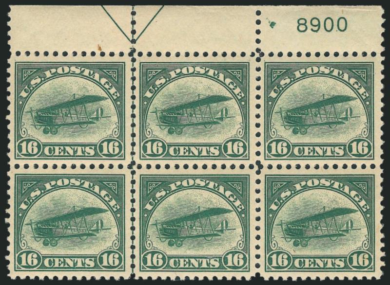 6c-24c 1918 Air Post (C1-C3).> First two arrow and plate no. blocks of six, last arrow, double top and double plate no. block of twelve, couple separations, three 16c and about six 24c with thin spots,
Fine-Very Fine appearance