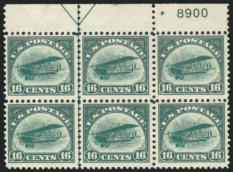 6c Orange, 16c Green, 1918 Air Post (C1-C2).> Arrow and plate no. blocks of six, latter Mint N.H., C1 gum creases and small thin pos. 2, C2 tiny internal margin flaw between selvage and pos. 1, otherwise
Fine-Very Fine