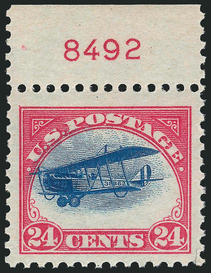 24c 1918-23 Air Post (C3, C6).> Mint N.H., former with top red plate no. 8492 selvage and huge Jumbo margins, latter excellent margins and centering, Extremely Fine pair, No. C3 especially attractive, C6 with
2006 P.S.E. certificate (XF 90 SMQ $215.