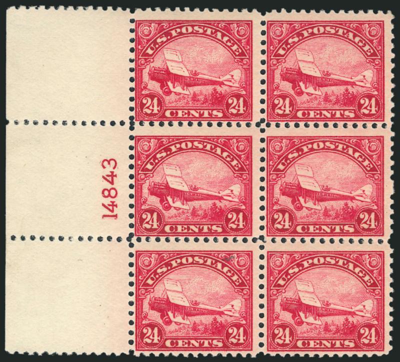 8c-24c 1923 Air Post (C4-C6).> Side plate no. blocks of six, couple separations, 8c narrow selvage, one 16c stamp small gum covered thin spot, Very Good-Fine appearance