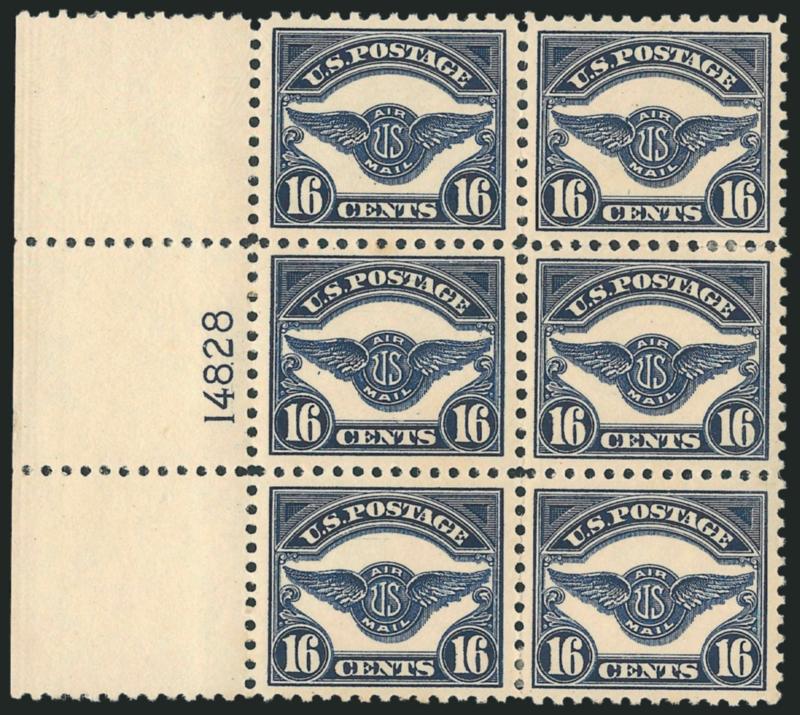 8c-24c 1923 Air Post (C4-C6).> Plate no. blocks of six, first two beautiful wide left selvage and incredibly well-centered, C6 reduced bottom selvage, Fine-Very Fine C5 some small thin spots and gum
disturbance, otherwise C4 and C5 Extremely Fine
