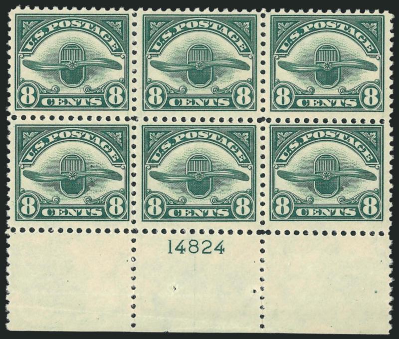 8c Dark Green, 1923 Air Post (C4).> Complete matched set of plate no. 14824 blocks of six (extra top position) also bottom plate no. 14824 strip of three and bottom left corner selvage block of four, three of
the plate blocks, strip of three and corn