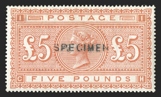 S.G. 137s, 1882 £5 Orange on white paper, handstamped Specimen, well centered, lovely bright color, o.g., minor h.r.s, possible tiny thin speck at top left, very fine and
scarce (S.G. Specialized J128t).