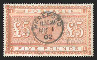 S.G. 137, 1882 £5 Orange on white paper, a desirable used example of this popular high value, being quite well centered, strong vibrant color and a sharp impression, small
Hereford c.d.s. cancel, very fine 2005 Brandon certificate (Scott 93 $