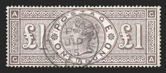 S.G. 185, 1884 £1 Brown lilac, attractive used example, well centered, rich color, light St. Martins 1885 c.d.s., there is a light and small crease at the bottom left, much
less obtrusive than usual as most used examples are heavily creased, ver
