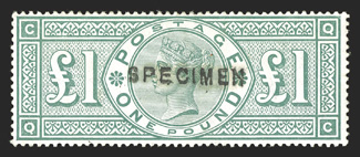 S.G. 212, 1891 £1 Green, handstamped Specimen, attractive rich color, o.g., mild h.r., very fine (S.G. Specialized K17t).