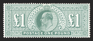 S.G. 266, 1902 £1 Dull blue green, De La Rue, an incredibly fresh mint example, not only being well centered and marvelously fresh, but it also possesses full clean original
gum that has never been hinged, very fine never hinged copies of t
