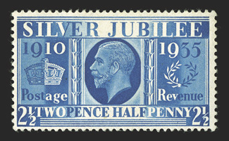 S.G. 456a, 1935 2½p Prussian blue Silver Jubilee, an extraordinary mint example of this popular and rare error of color, brilliantly fresh and crisp, with gorgeous intense rich
color, full clean o.g. that is never hinged, very fine and choic