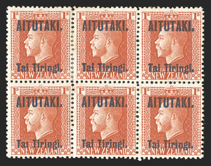 S.G. 14ab, 14ad, 1917 Tai Tiringi sucharge on 1- Vermilion, Tai without dot and Tiringi without third dot, mint block of six, the former error being the bottom left stamp
(position 89 on the sheet) and the latter error being the bottom r