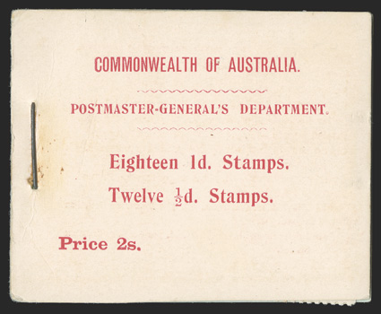 S.G. SB1, 1913 2- Booklet of twelve ½p and eighteen 1p Kangaroos, unexploded booklet, fresh covers except for light rust stain around the staple, one 1p stamp scissor cut, the
second and third 1p panes are still joined at the bottom, fine-very