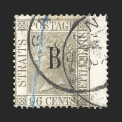 S.G. 11, 1882 96c Grey with B overprint, right wing-margin single, cancelled by c.d.s. postmarks and a light blue crayon mark which is often the case on this stamp, small
corner crease at top left, otherwise a fine example of this rare stamp