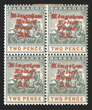 S.G. 153c, 1907 1d. Kingston Relief Fund overprint, double overprint, mint block of four, with two strong overprints, brownish o.g., top stamps h.r., bottom stamps never
hinged, fine a scarce block (Scott B1d $3,700.00+).