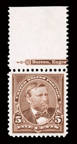 270, 5c Chocolate, an impressive top sheet-margin partial imprint single, featuring near perfect centering amid extravagantly large margins which are rarely associated with any
of the Bureau issues and this value in particular, strong rich color