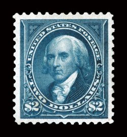 277, $2.00 Bright blue, an extraordinarily handsome and choice mint example of this scarce stamp, wonderfully well centered amid exceedingly wide margins, deep luxuriant color
and impression, o.g., relatively lightly hinged, extremely fine a st