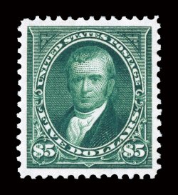 278, $5.00 Dark green, flawlessly centered amid huge perfectly balanced margins, stunning prooflike color and impression on especially bright paper, fully intact and even
perforations all around, o.g., lightly hinged, an extremely fine gem.Thi