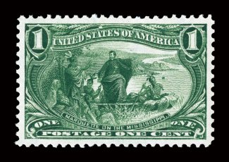 285, 1c Trans-Mississippi, superb mint example, possessing absolutely flawless centering amid lavishly large margins, strikingly intense color and impression contribute further
to this stamps exceptional overall eye appeal, immaculate o.g. with