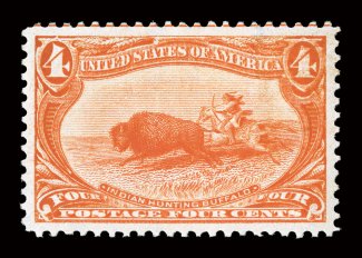 287, 4c Trans-Mississippi, an incomparable jumbo-margined mint example, boasting absolutely immense margins for any value from the Trans-Mississippi series, and being incredibly
well centered within these impressive borders, brilliantly fresh as