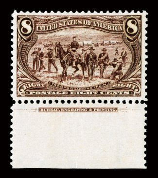 289, 8c Trans-Mississippi, bottom sheet-margin imprint single, incredibly well centered within uncharacteristically large margins, magnificently deep rich color and a superbly
detailed impression on brilliantly fresh paper, o.g., n.h., an extrem
